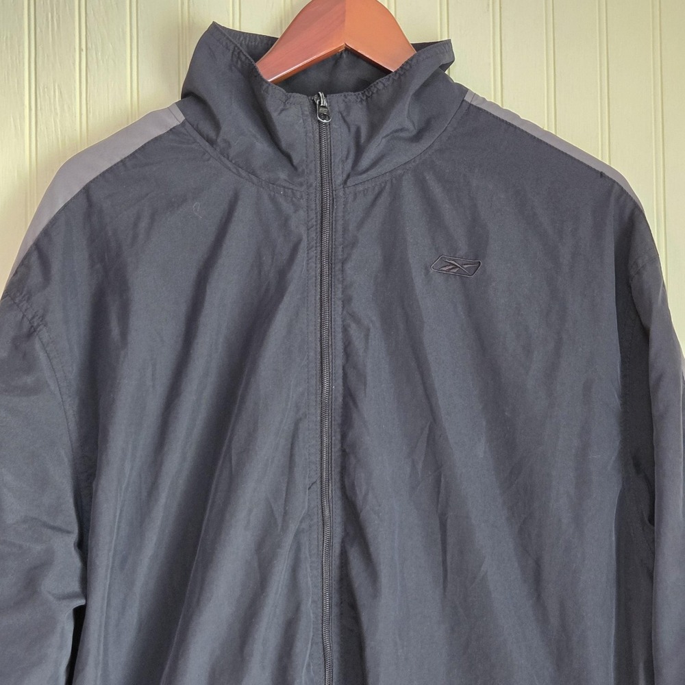 Reebok Jacket Mens XL Blue Full Zip Stand Collar Stripe Windbreaker Athletic